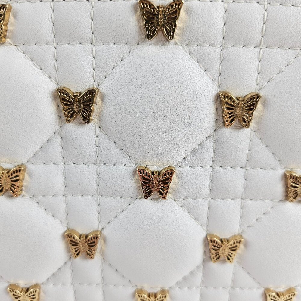 SOLD Dior Small Lady White Cannage Lambskin With Gold-Finish Butterfly Studs - Picture 10 of 13